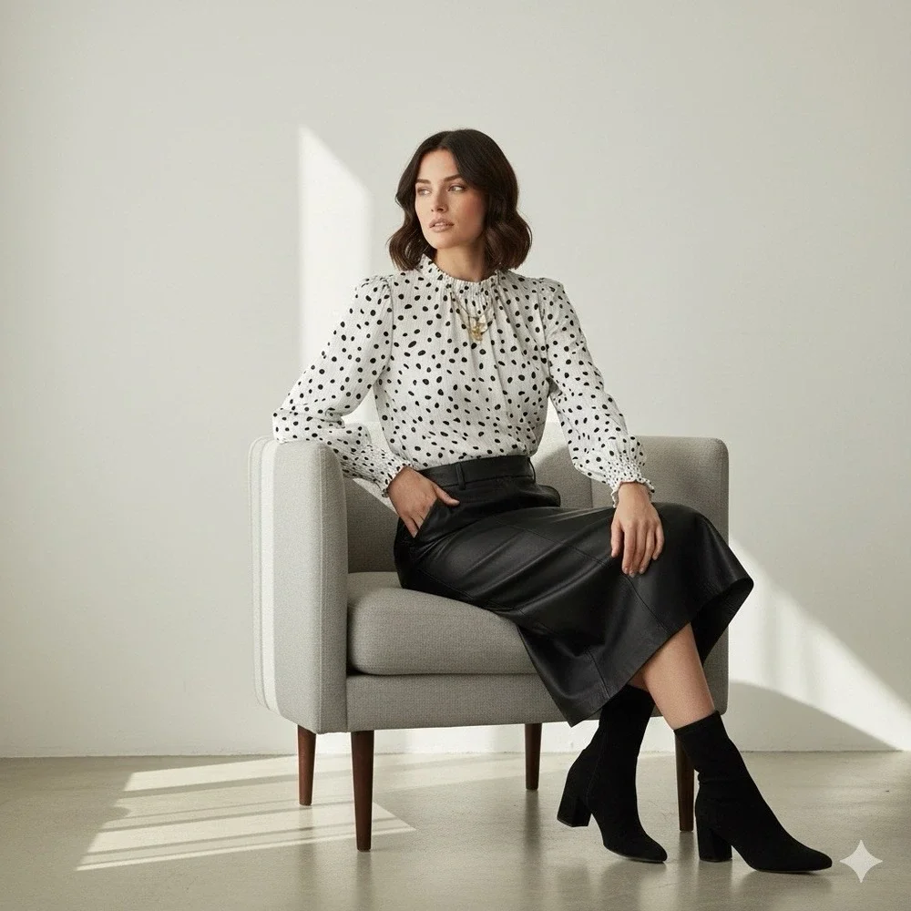 Maison d'Amélie Paris Dalmatian Dot Blouse Large Ruffle Mock Neck Smocked Cuff L - Picture 3 of 16